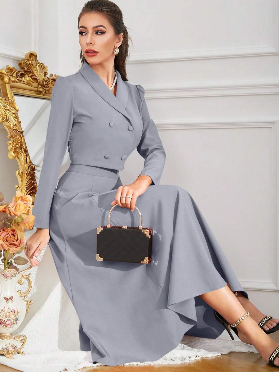 SHEIN Modelyn Solid Color Shawl Collar Double Breasted Blouse And Skirt Suit 2 Pieces Set