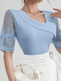 SHEIN Modelyn Women Lace Patchwork Solid Color Embroidery Short Sleeve Elegant T-Shirt, Summer