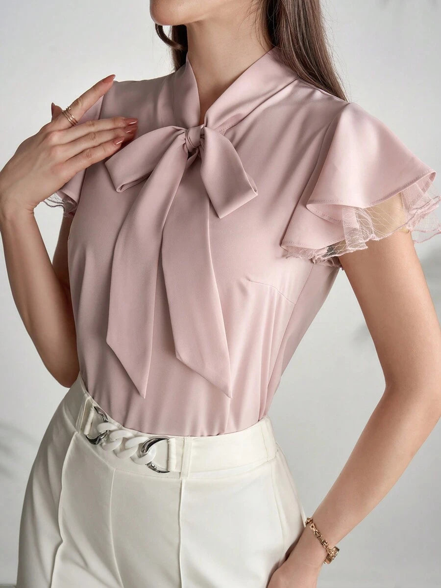  | SHEIN Modelyn Women's Elegant Net Yarn Splicing Cap Sleeve Shirt With Collar And Tie, Summer | Shirt | Shein | OneHub