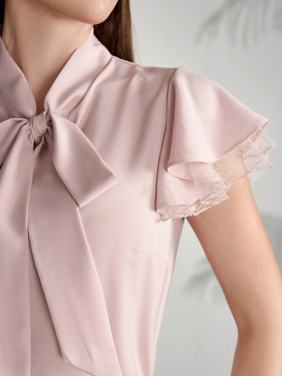  | SHEIN Modelyn Women's Elegant Net Yarn Splicing Cap Sleeve Shirt With Collar And Tie, Summer | Shirt | Shein | OneHub