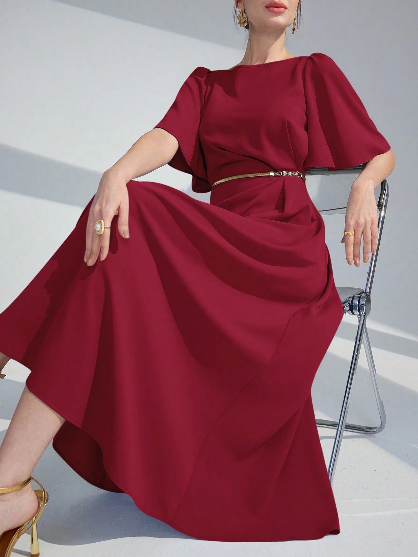 SHEIN Modelyn Women's Elegant Solid Color Waist-Tied Dress, Summer