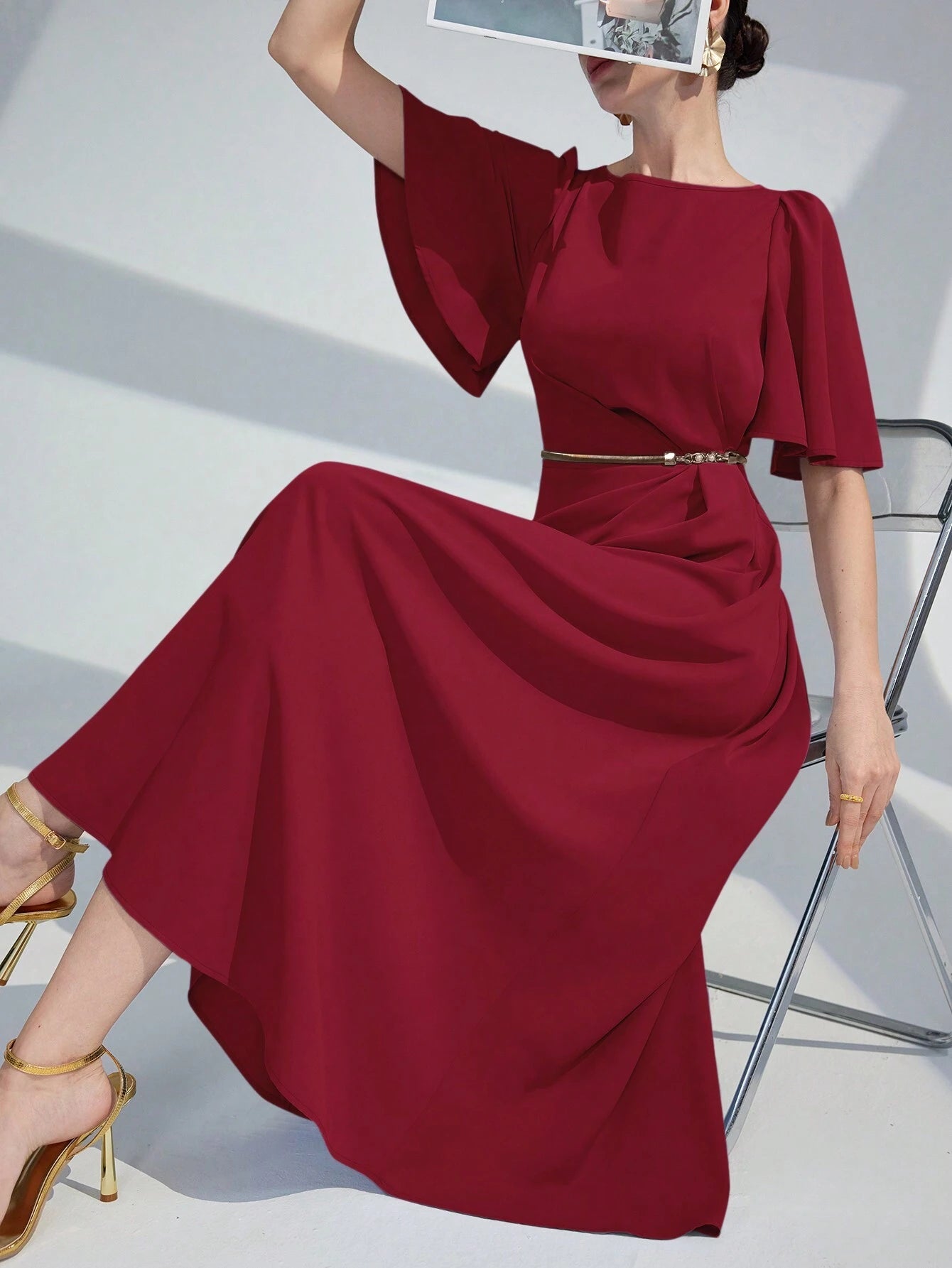 SHEIN Modelyn Women's Elegant Solid Color Waist-Tied Dress, Summer