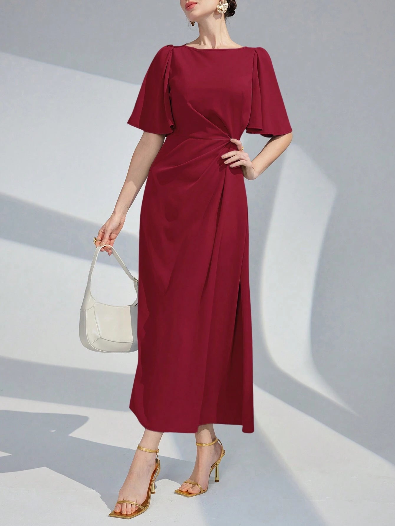 SHEIN Modelyn Women's Elegant Solid Color Waist-Tied Dress, Summer