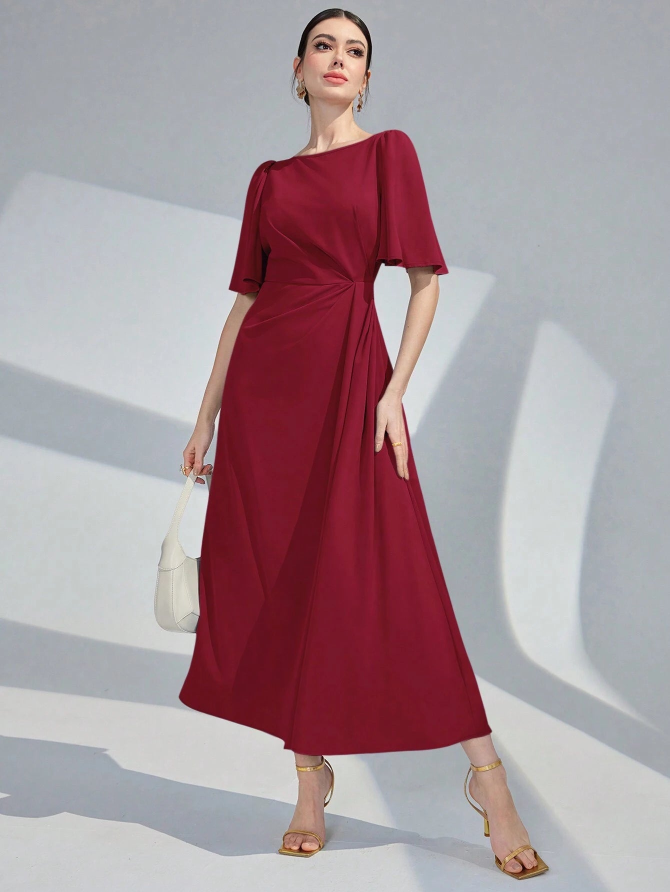 SHEIN Modelyn Women's Elegant Solid Color Waist-Tied Dress, Summer