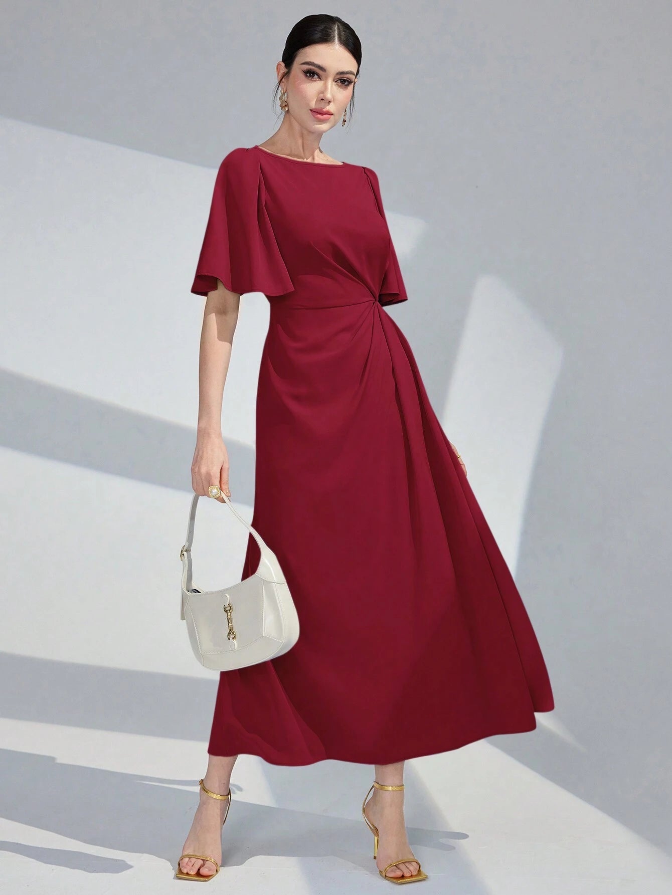 SHEIN Modelyn Women's Elegant Solid Color Waist-Tied Dress, Summer