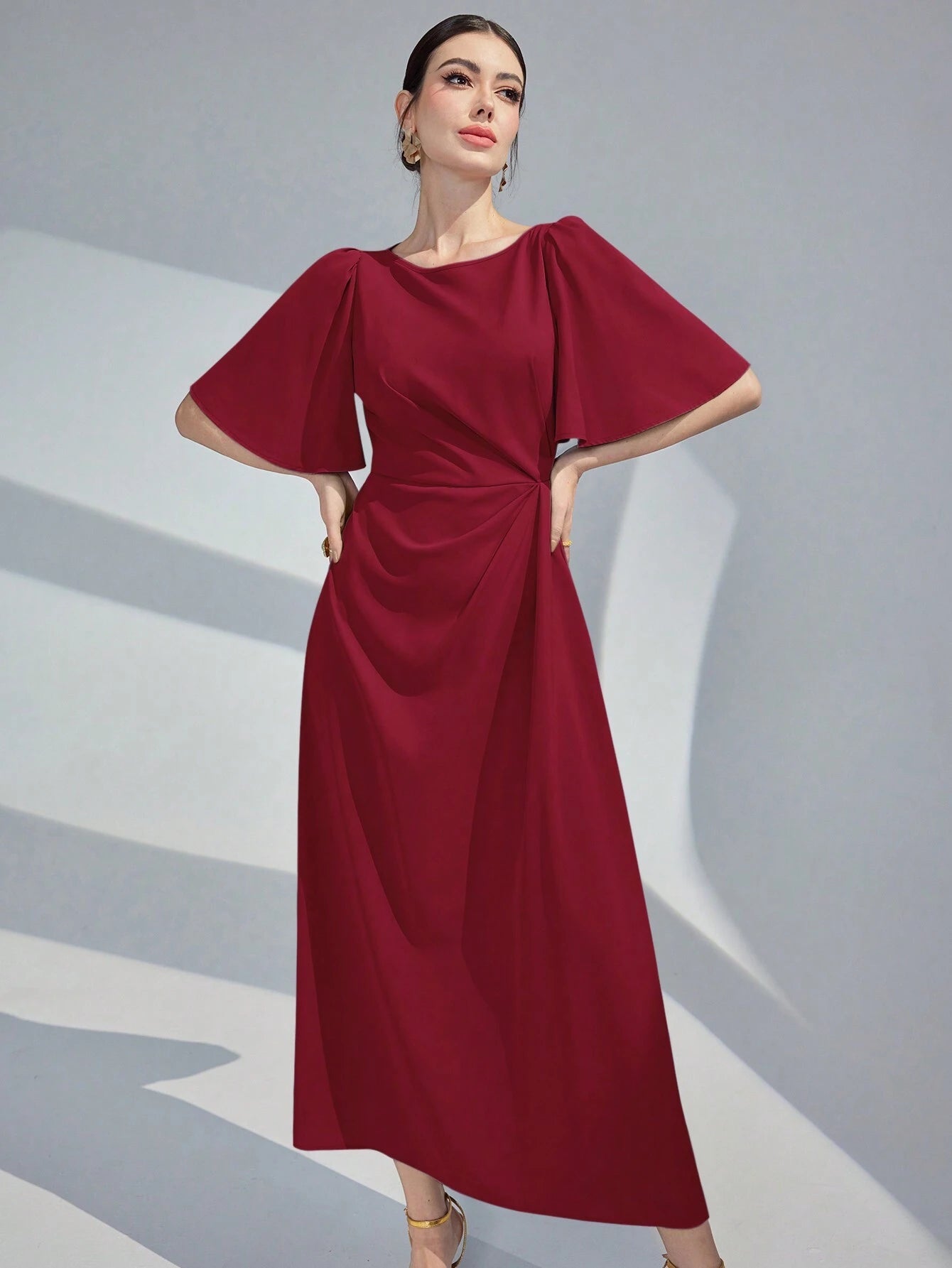 SHEIN Modelyn Women's Elegant Solid Color Waist-Tied Dress, Summer