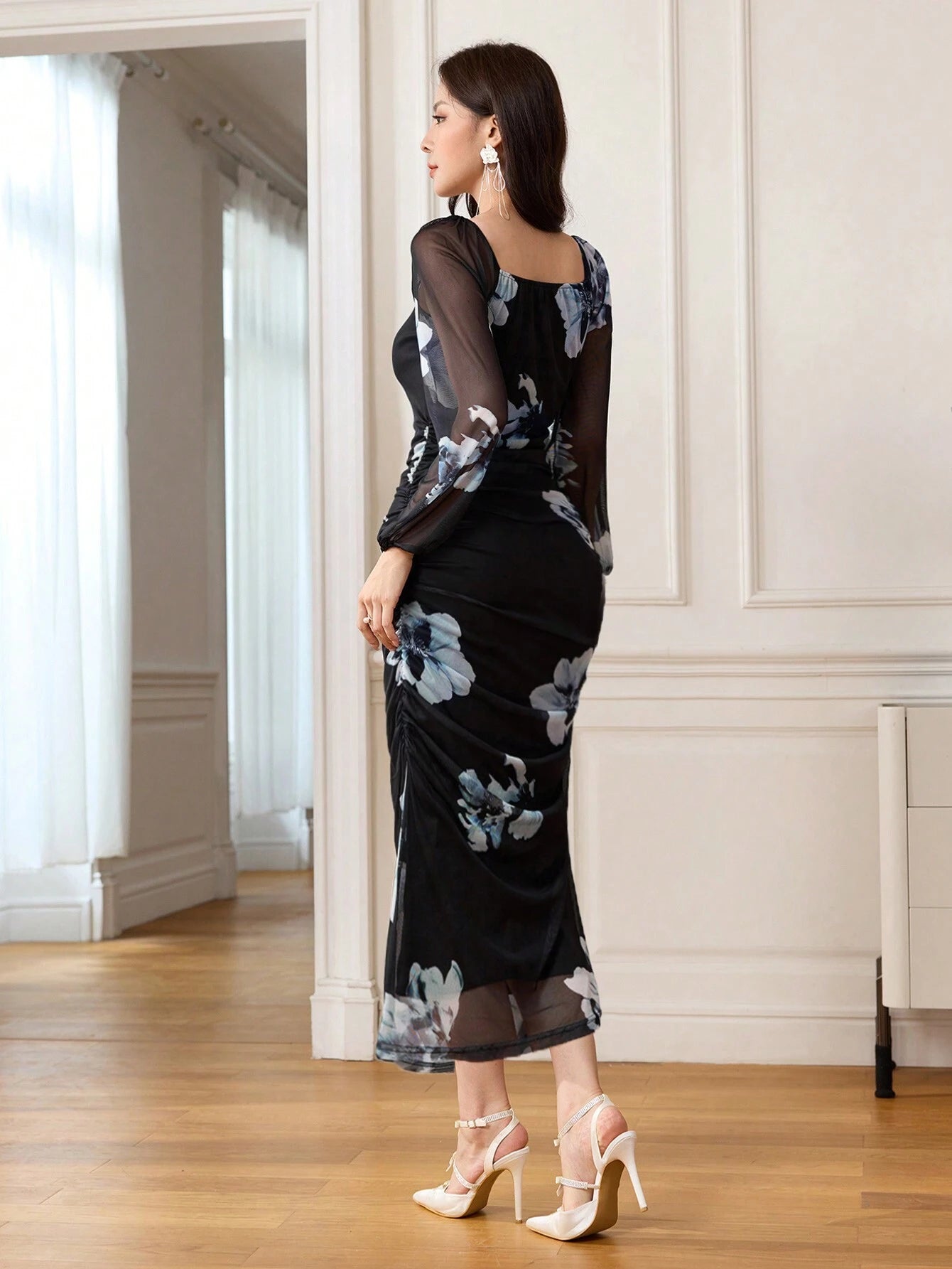  | SHEIN Modelyn Women's Floral Print Elegant Square Neck Tie Waist Midi Dress Maxi Women Outfit Long Evening Dresses | Dress | Shein | OneHub