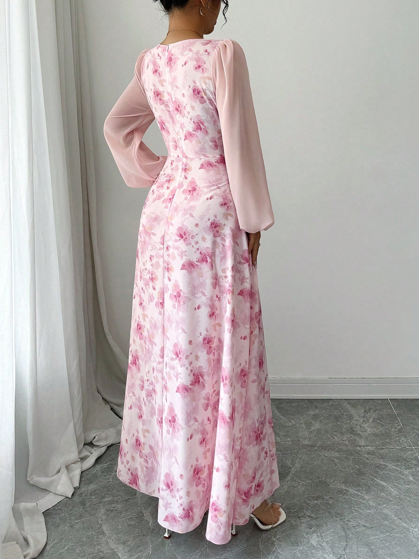 SHEIN Modelyn Women's Printed Square Neck Long Sleeve Elegant Summer Midi Dress Fall Cloth For Women