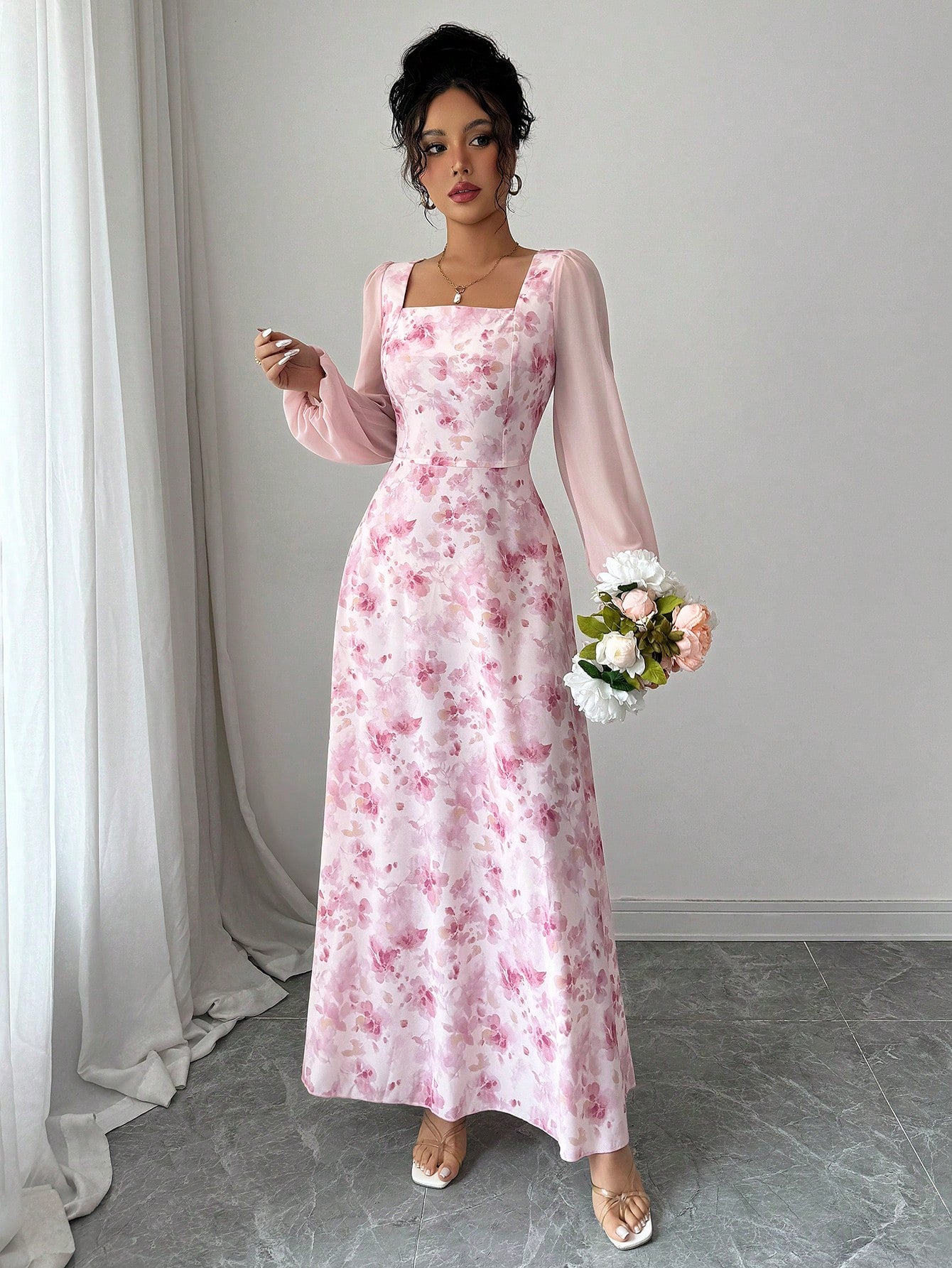 SHEIN Modelyn Women's Printed Square Neck Long Sleeve Elegant Summer Midi Dress Fall Cloth For Women