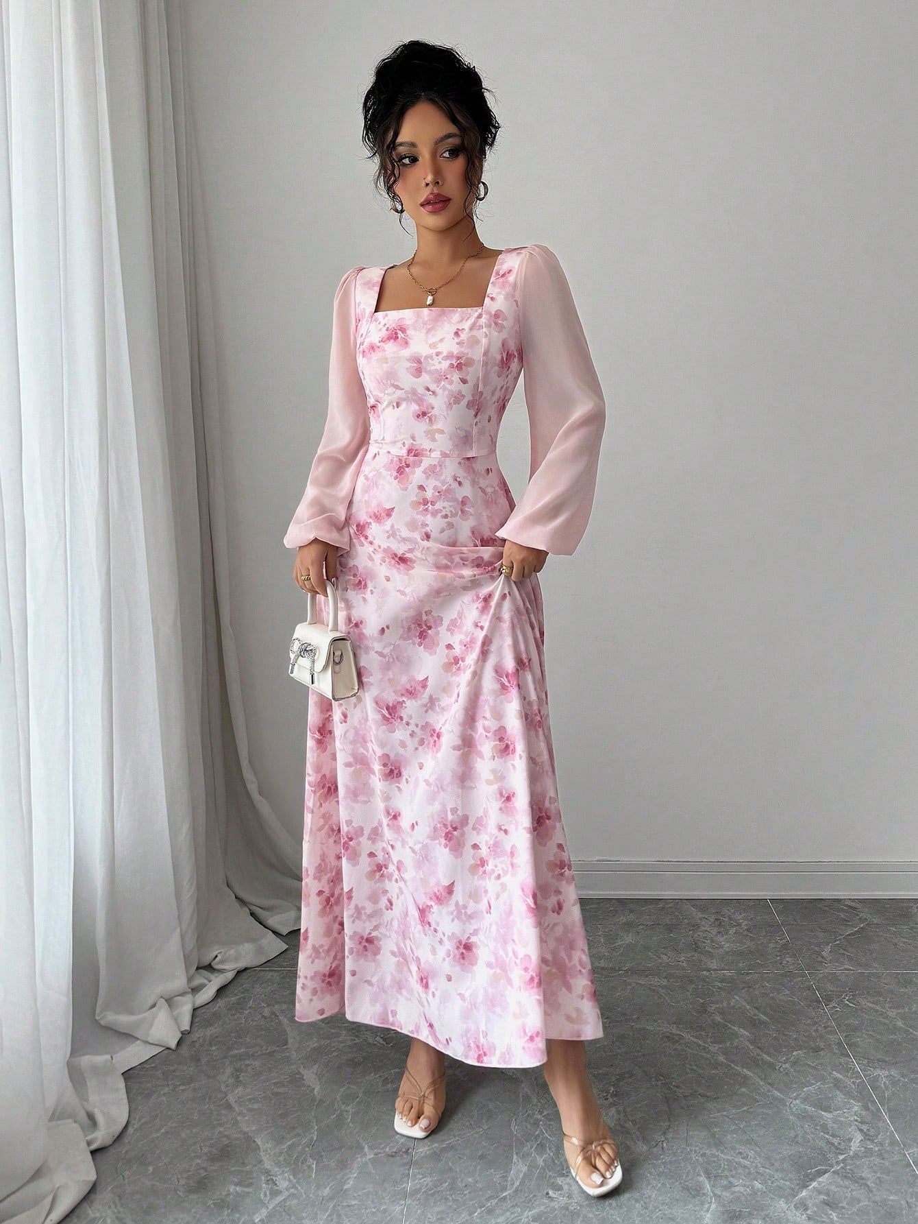 SHEIN Modelyn Women's Printed Square Neck Long Sleeve Elegant Summer Midi Dress Fall Cloth For Women