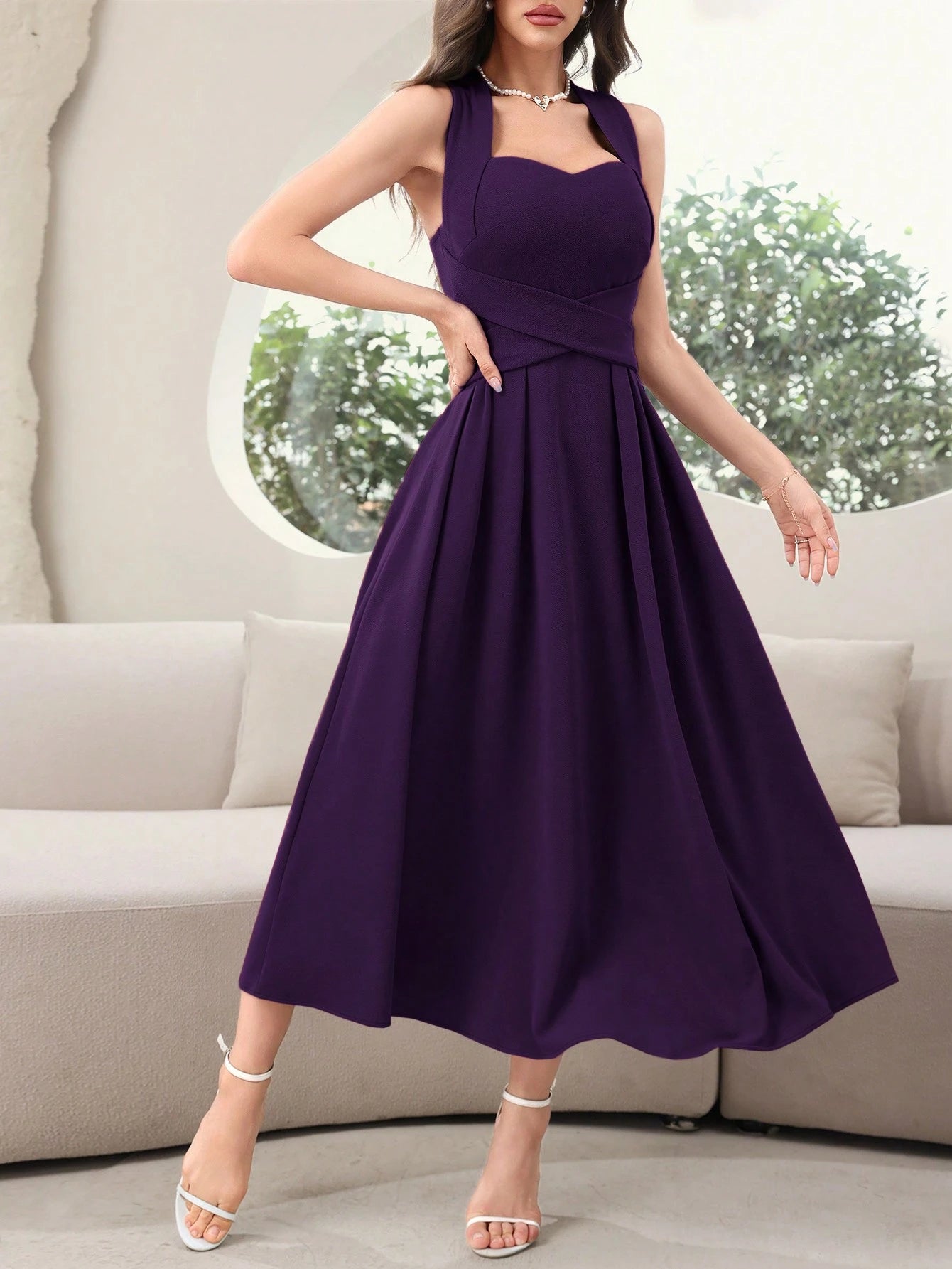 SHEIN Modelyn Women's Solid Backless Purple Dress, Elegant Sleeveless Long Evening Dresses