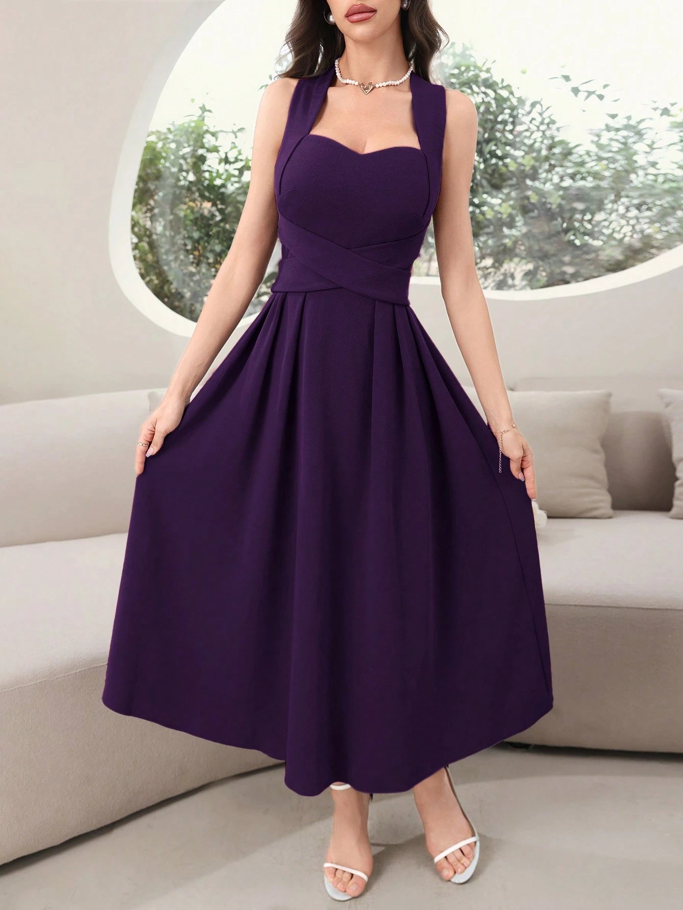 SHEIN Modelyn Women's Solid Backless Purple Dress, Elegant Sleeveless Long Evening Dresses