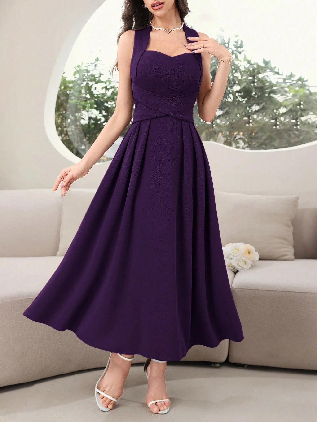 SHEIN Modelyn Women's Solid Backless Purple Dress, Elegant Sleeveless Long Evening Dresses