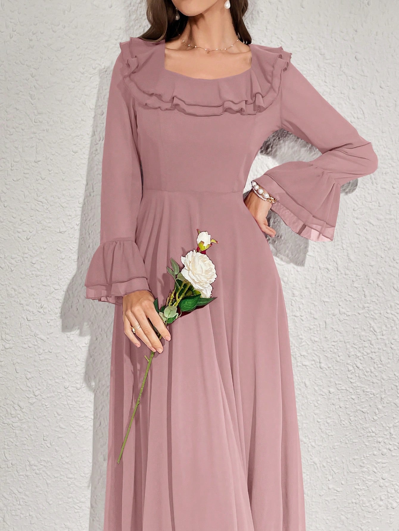  | SHEIN Modelyn Women's Solid Color Ruffled Flare Sleeve Maxi Elegant Dress Long Evening Dresses | Dress | Shein | OneHub