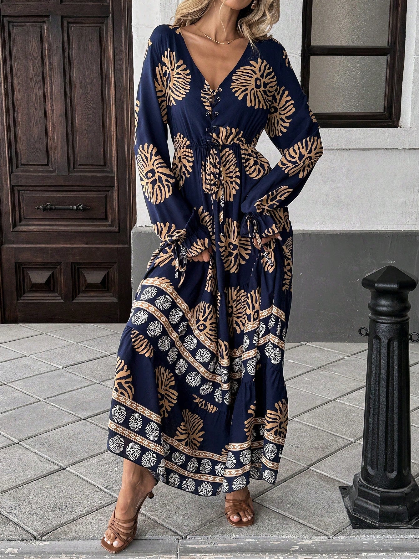  | SHEIN Mulvari Front Lace Up Long Sleeve Pleated All-Over Print Maxi Casual Dress For New Year Clothes | Dress | Shein | OneHub