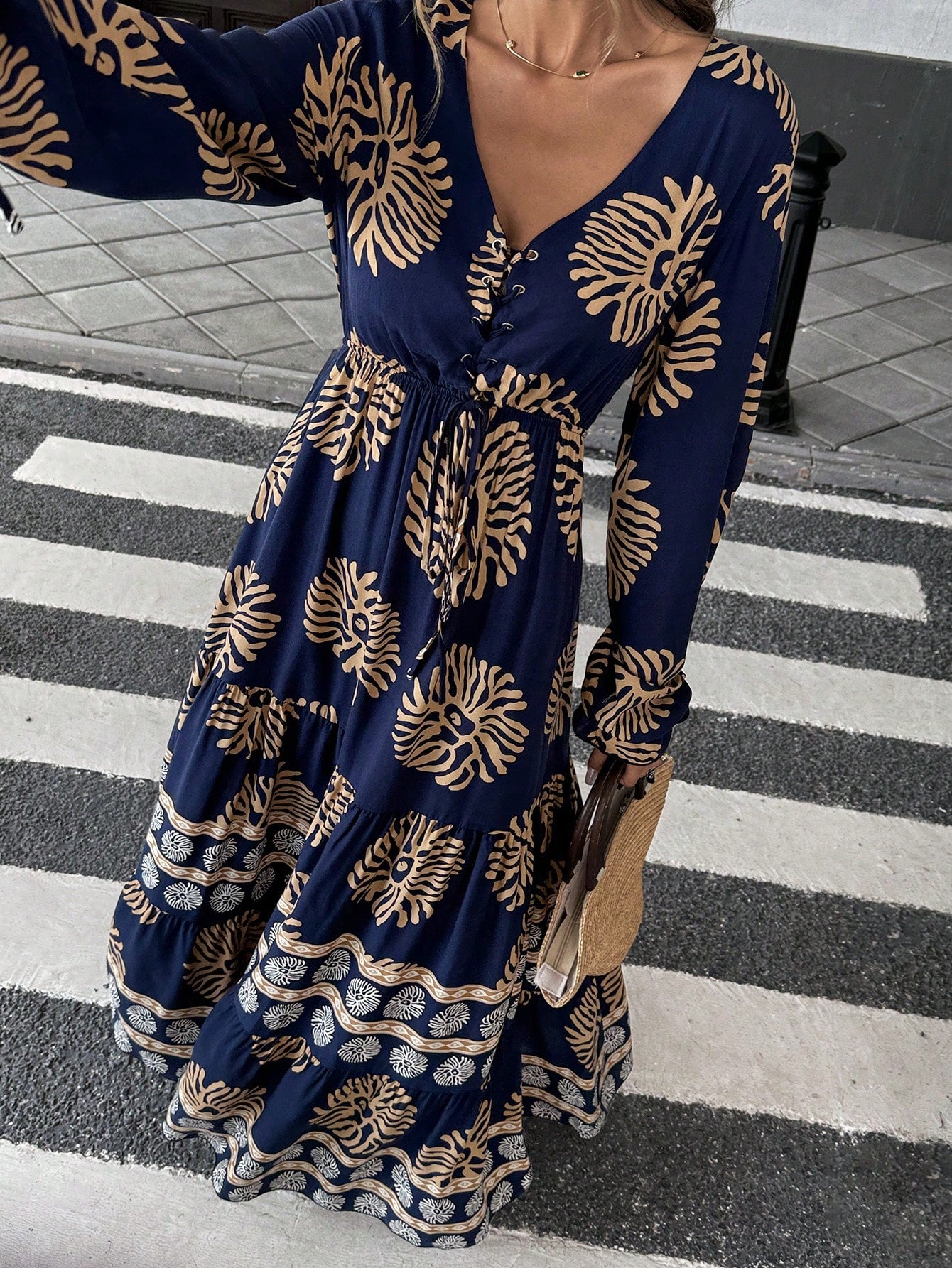  | SHEIN Mulvari Front Lace Up Long Sleeve Pleated All-Over Print Maxi Casual Dress For New Year Clothes | Dress | Shein | OneHub