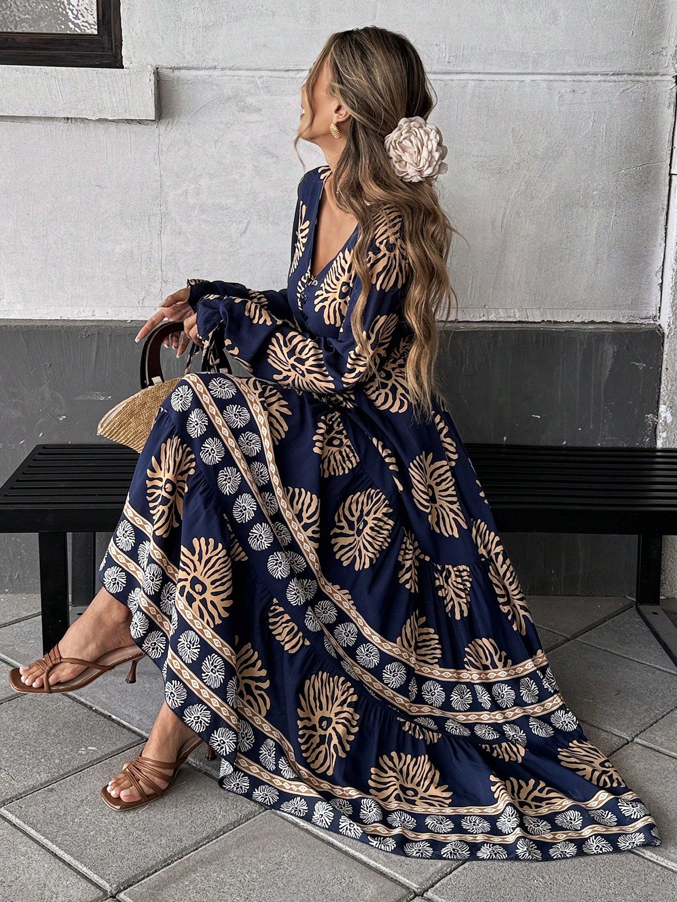  | SHEIN Mulvari Front Lace Up Long Sleeve Pleated All-Over Print Maxi Casual Dress For New Year Clothes | Dress | Shein | OneHub