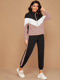 SHEIN Mulvari Zip Up Chevron Colorblock Sweatshirt & Joggers Set