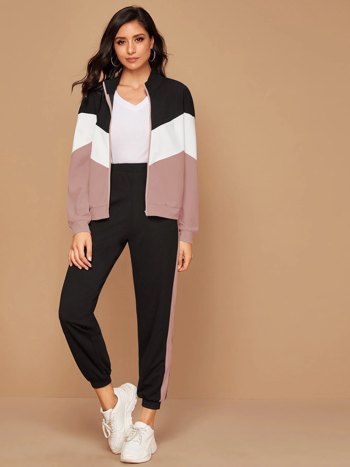 SHEIN Mulvari Zip Up Chevron Colorblock Sweatshirt & Joggers Set