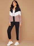 SHEIN Mulvari Zip Up Chevron Colorblock Sweatshirt & Joggers Set