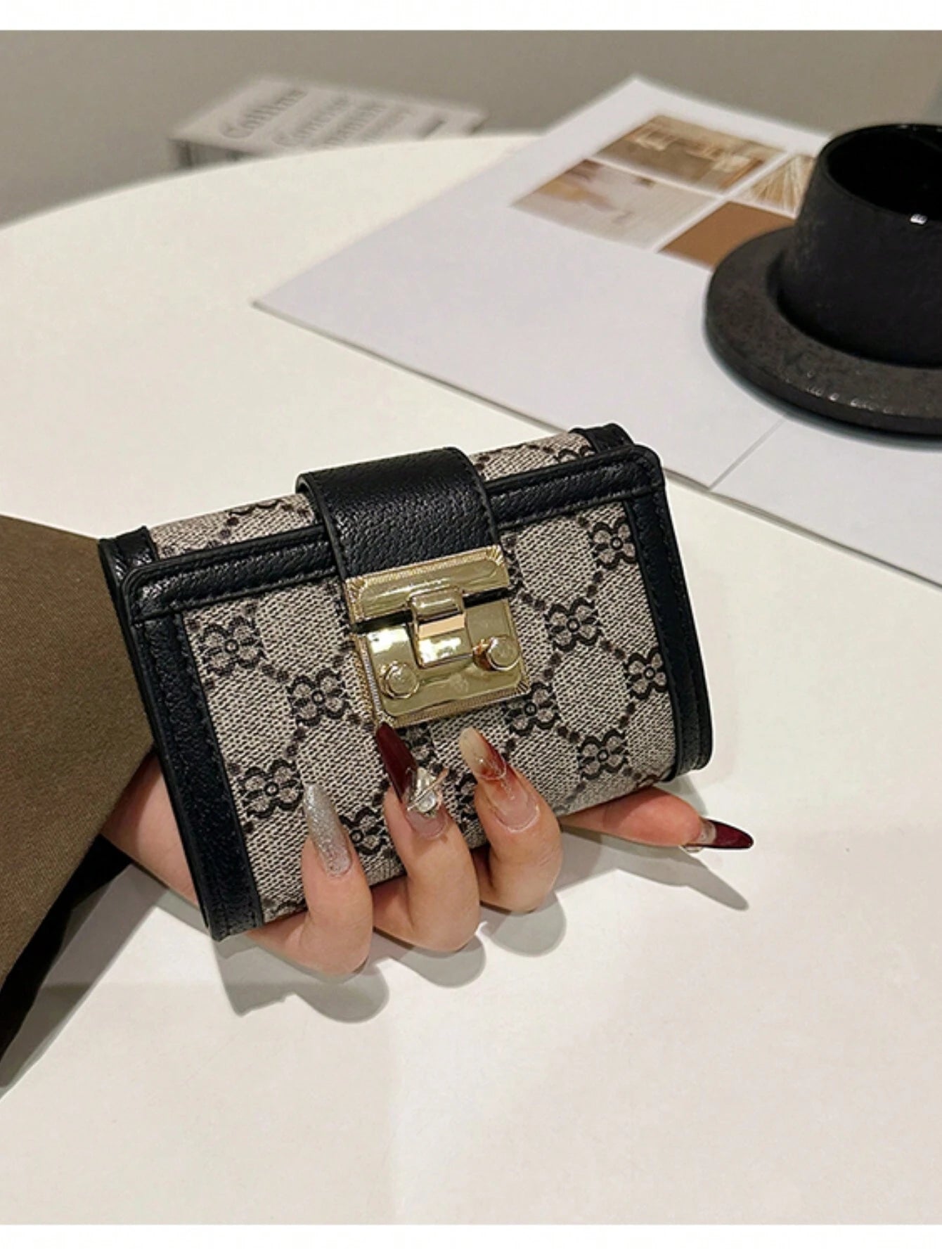  | SHEIN New Arrival Women's Short Wallet With Black Flower Pattern Print Anti-Theft Card Holder For Id Credit Card Fashionable Golden Square Lock & Multiple Card Slots And Portable Design Business Casual For Women Wallet Purse Wallet Small Wallet | Wallet | Shein | OneHub