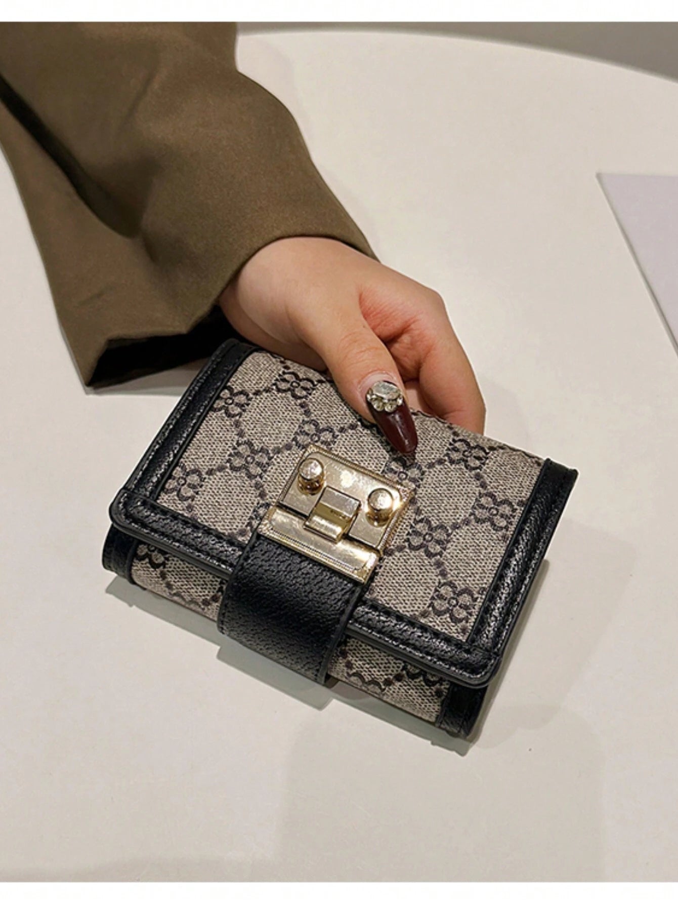  | SHEIN New Arrival Women's Short Wallet With Black Flower Pattern Print Anti-Theft Card Holder For Id Credit Card Fashionable Golden Square Lock & Multiple Card Slots And Portable Design Business Casual For Women Wallet Purse Wallet Small Wallet | Wallet | Shein | OneHub