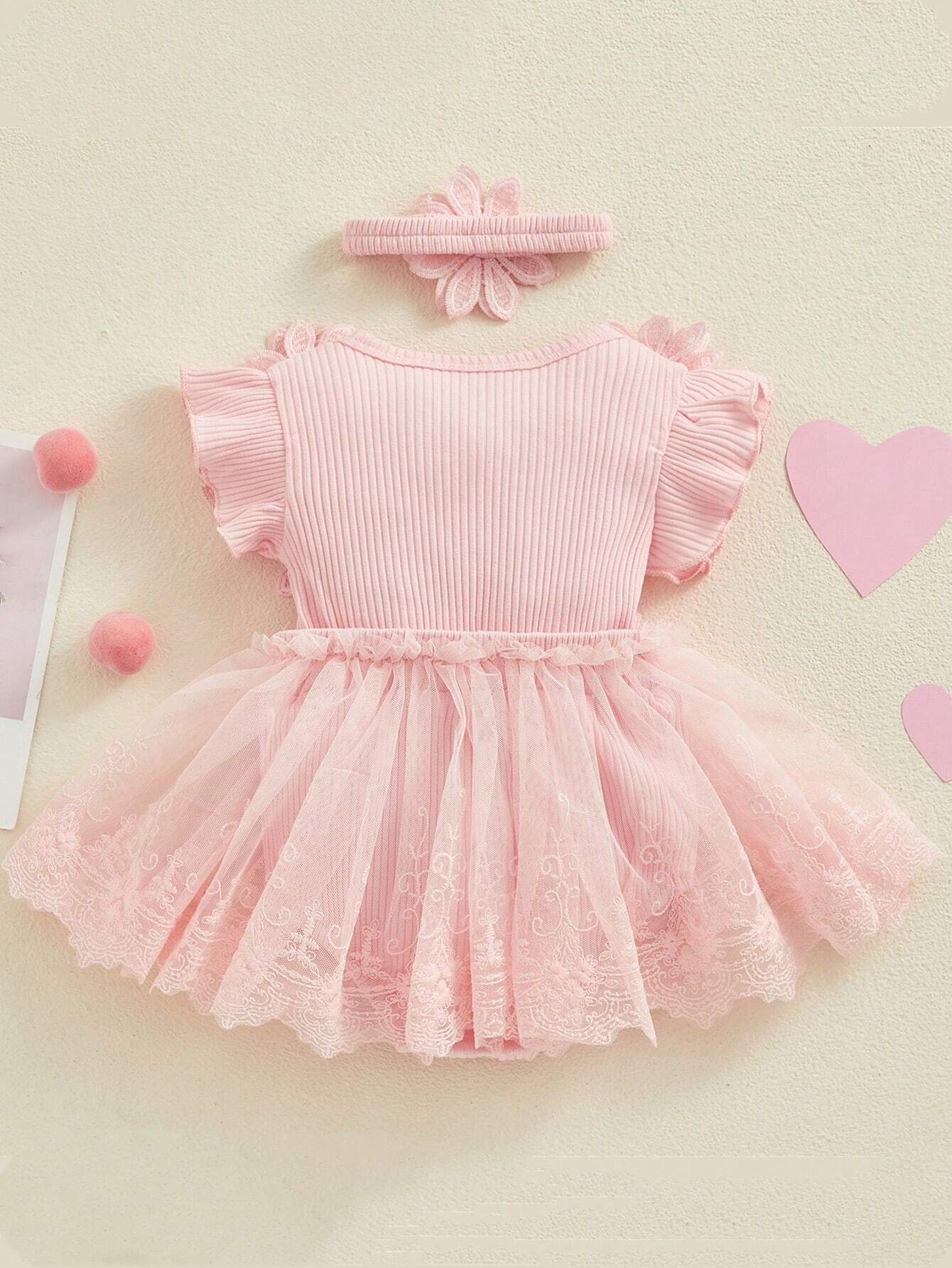 SHEIN Newborn Baby Girl Romper Dress Short Sleeve Mesh Tutu Dress Lace Mesh Dress Bodysuits With Headband Sets