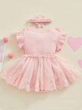 SHEIN Newborn Baby Girl Romper Dress Short Sleeve Mesh Tutu Dress Lace Mesh Dress Bodysuits With Headband Sets
