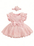 SHEIN Newborn Baby Girl Romper Dress Short Sleeve Mesh Tutu Dress Lace Mesh Dress Bodysuits With Headband Sets