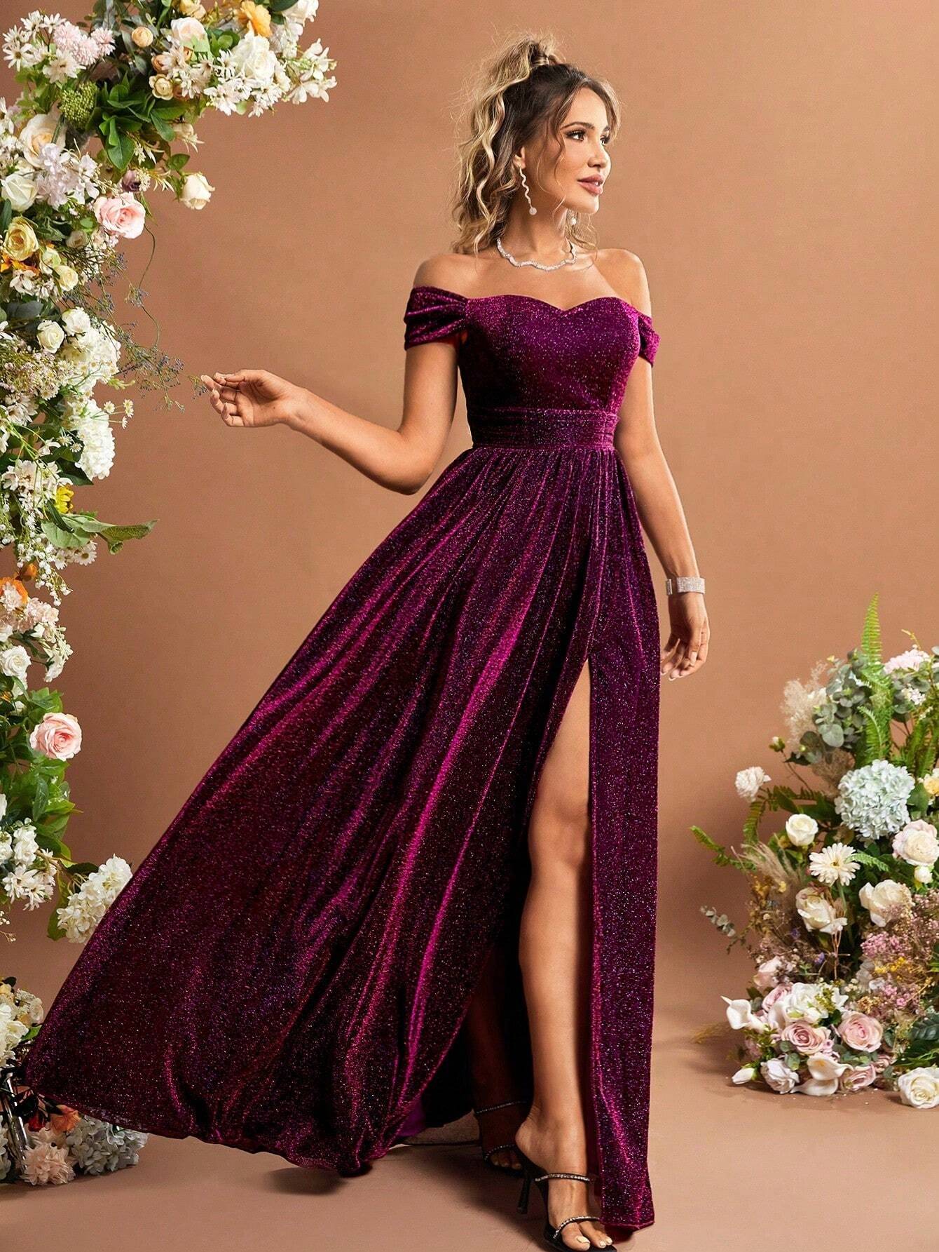  | SHEIN Off Shoulder Split Thigh Glitter Bridesmaid Dress | Dress | Shein | OneHub