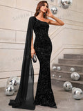  | SHEIN One Shoulder Contrast Mesh Cloak Sleeve Sequins Prom Dress | Dress | Shein | OneHub