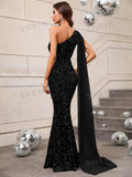  | SHEIN One Shoulder Contrast Mesh Cloak Sleeve Sequins Prom Dress | Dress | Shein | OneHub