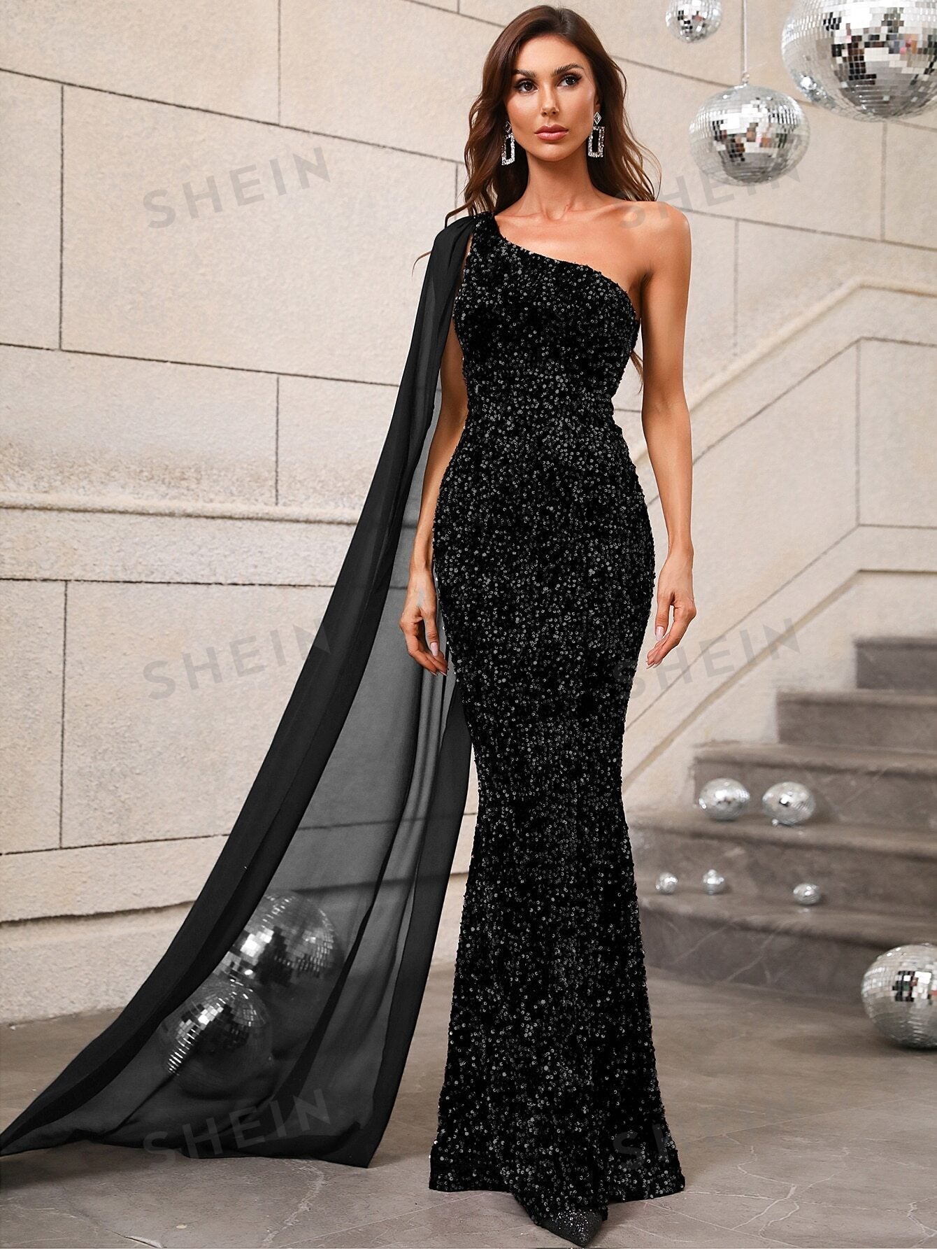  | SHEIN One Shoulder Contrast Mesh Cloak Sleeve Sequins Prom Dress | Dress | Shein | OneHub