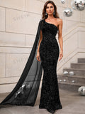  | SHEIN One Shoulder Contrast Mesh Cloak Sleeve Sequins Prom Dress | Dress | Shein | OneHub