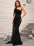  | SHEIN One Shoulder Contrast Mesh Cloak Sleeve Sequins Prom Dress | Dress | Shein | OneHub