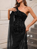  | SHEIN One Shoulder Contrast Mesh Cloak Sleeve Sequins Prom Dress | Dress | Shein | OneHub