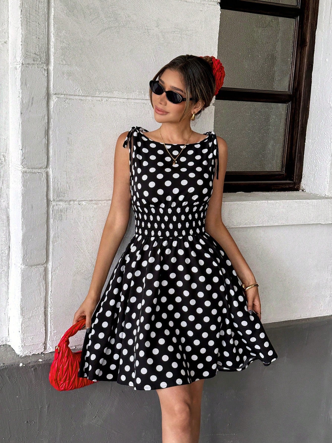  | SHEIN Pariaura Black & White Polka Dot Tied Waist Midi Dress For Women | Dress | Shein | OneHub