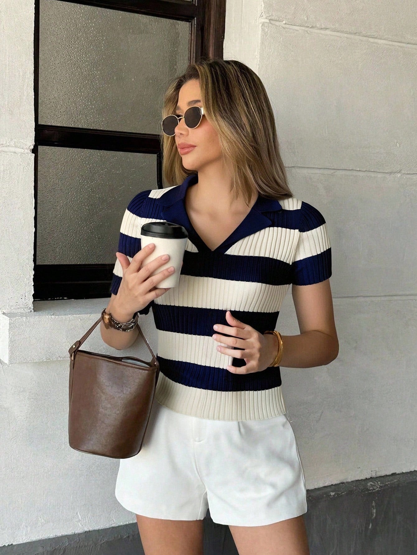  | SHEIN Pariaura Colorblock Striped Polo Collar Knit Top, French Street Style Summer Short Sleeve Shirt | Top | Shein | OneHub