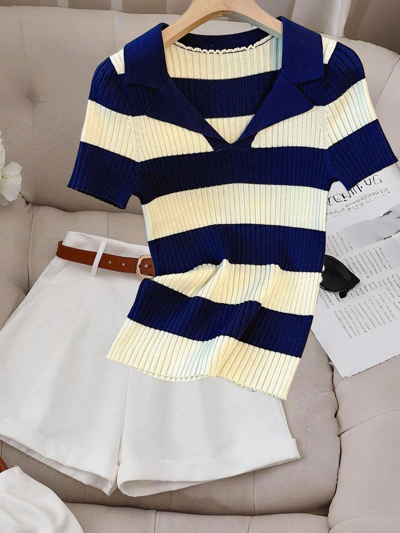  | SHEIN Pariaura Colorblock Striped Polo Collar Knit Top, French Street Style Summer Short Sleeve Shirt | Top | Shein | OneHub