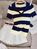 | SHEIN Pariaura Colorblock Striped Polo Collar Knit Top, French Street Style Summer Short Sleeve Shirt | Top | Shein | OneHub