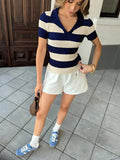  | SHEIN Pariaura Colorblock Striped Polo Collar Knit Top, French Street Style Summer Short Sleeve Shirt | Top | Shein | OneHub