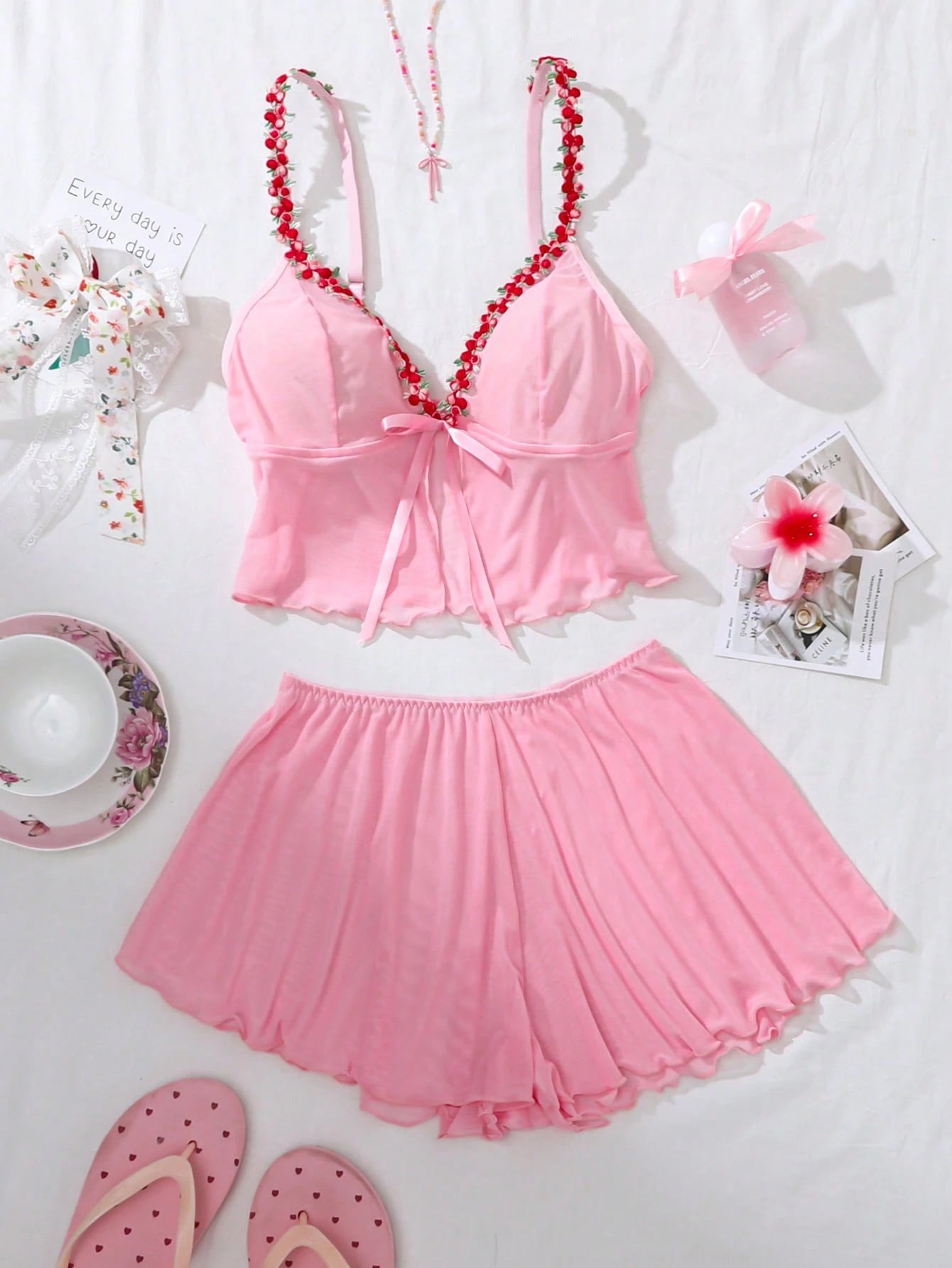  | SHEIN PetitDoll 2pcs Set Women's Floral Embroidery Decor Mesh Lingerie Set, Kawaii | Night Dress | Shein | OneHub