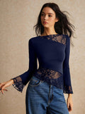  | SHEIN Poéselle Asymmetric Lace Long Sleeve T-Shirt With Hem Splicing And Flutter Design | Top | Shein | OneHub