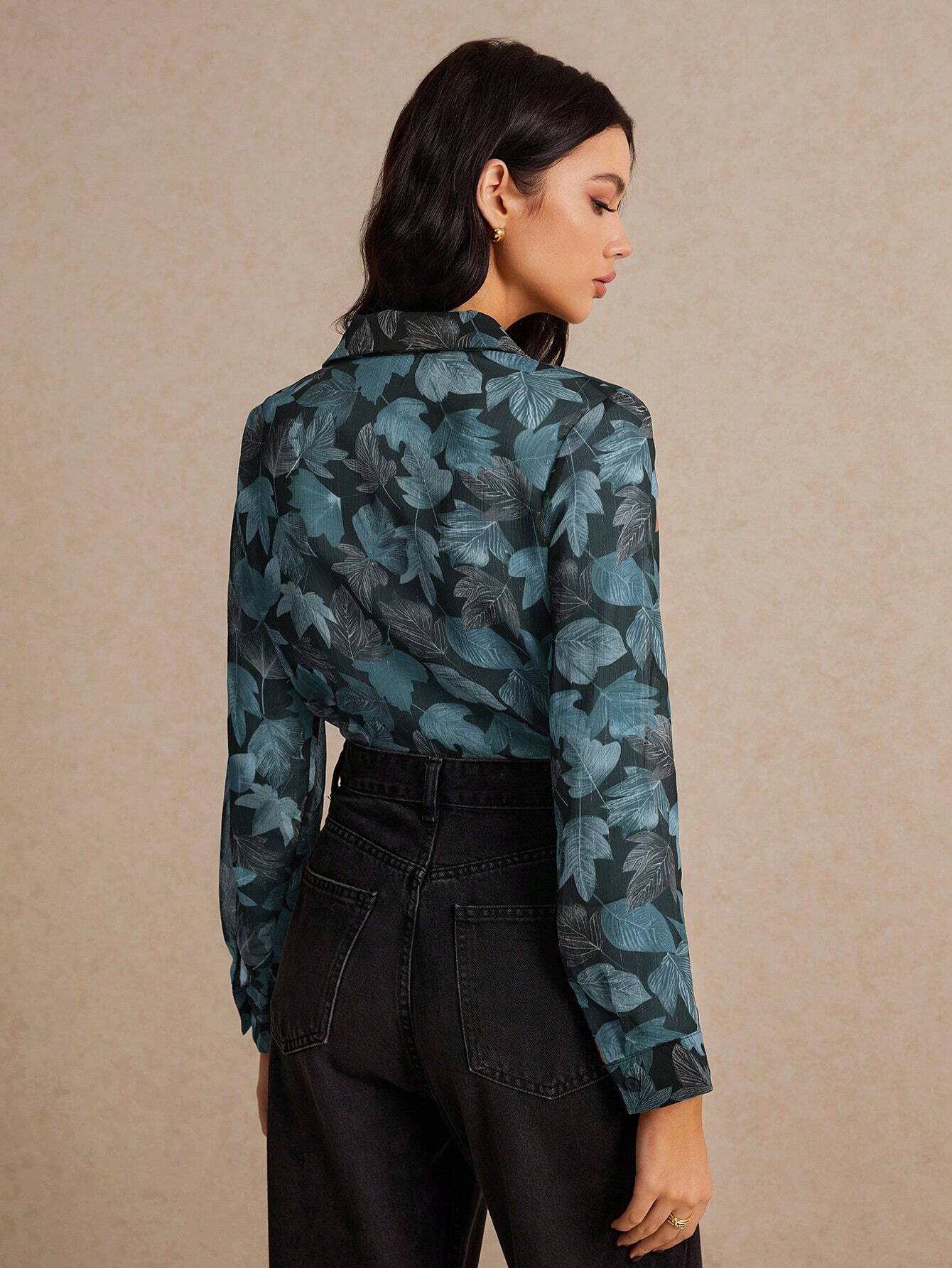  | SHEIN Poéselle Women's Autumn Leaf Print Long Sleeve Single Breasted Casual Shirt | Blouse | Shein | OneHub