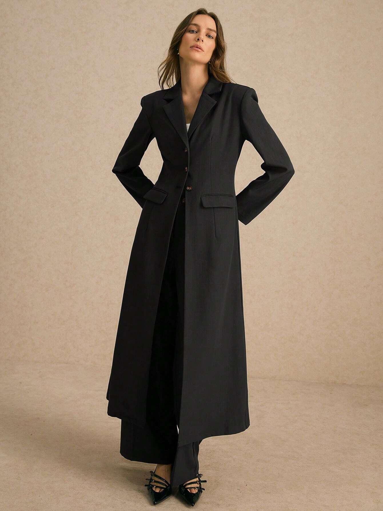 SHEIN Poéselle Women's Single-Breasted Wide Strap Slimming Both Sides Real Pockets Long Sleeve Long Blazer