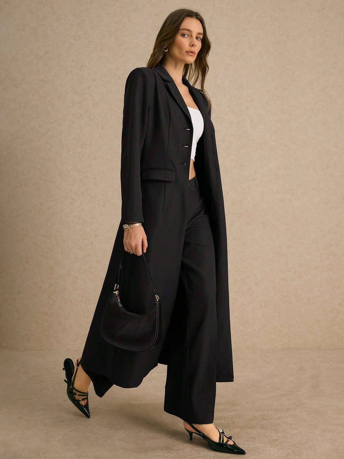 SHEIN Poéselle Women's Single-Breasted Wide Strap Slimming Both Sides Real Pockets Long Sleeve Long Blazer