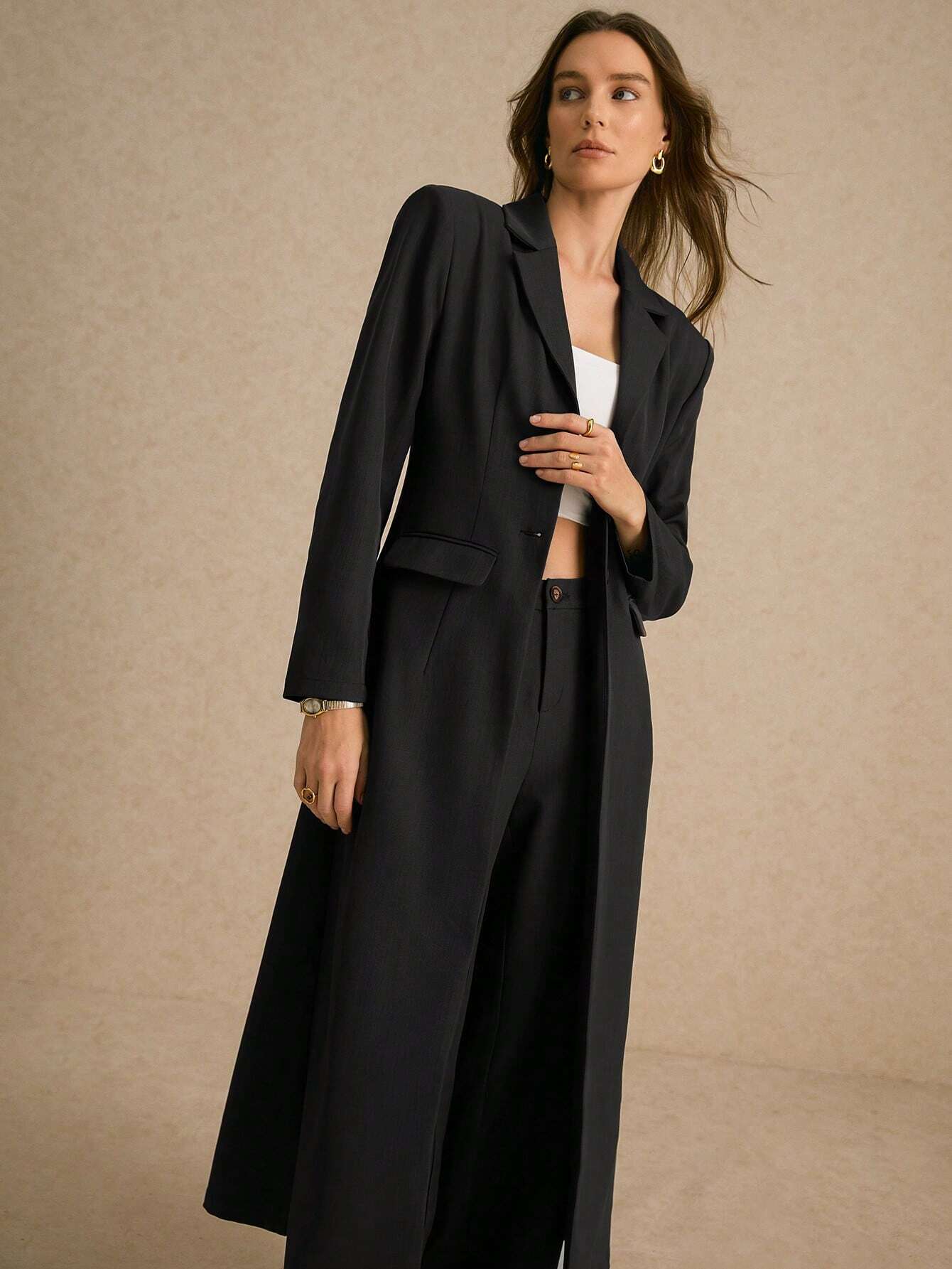 SHEIN Poéselle Women's Single-Breasted Wide Strap Slimming Both Sides Real Pockets Long Sleeve Long Blazer