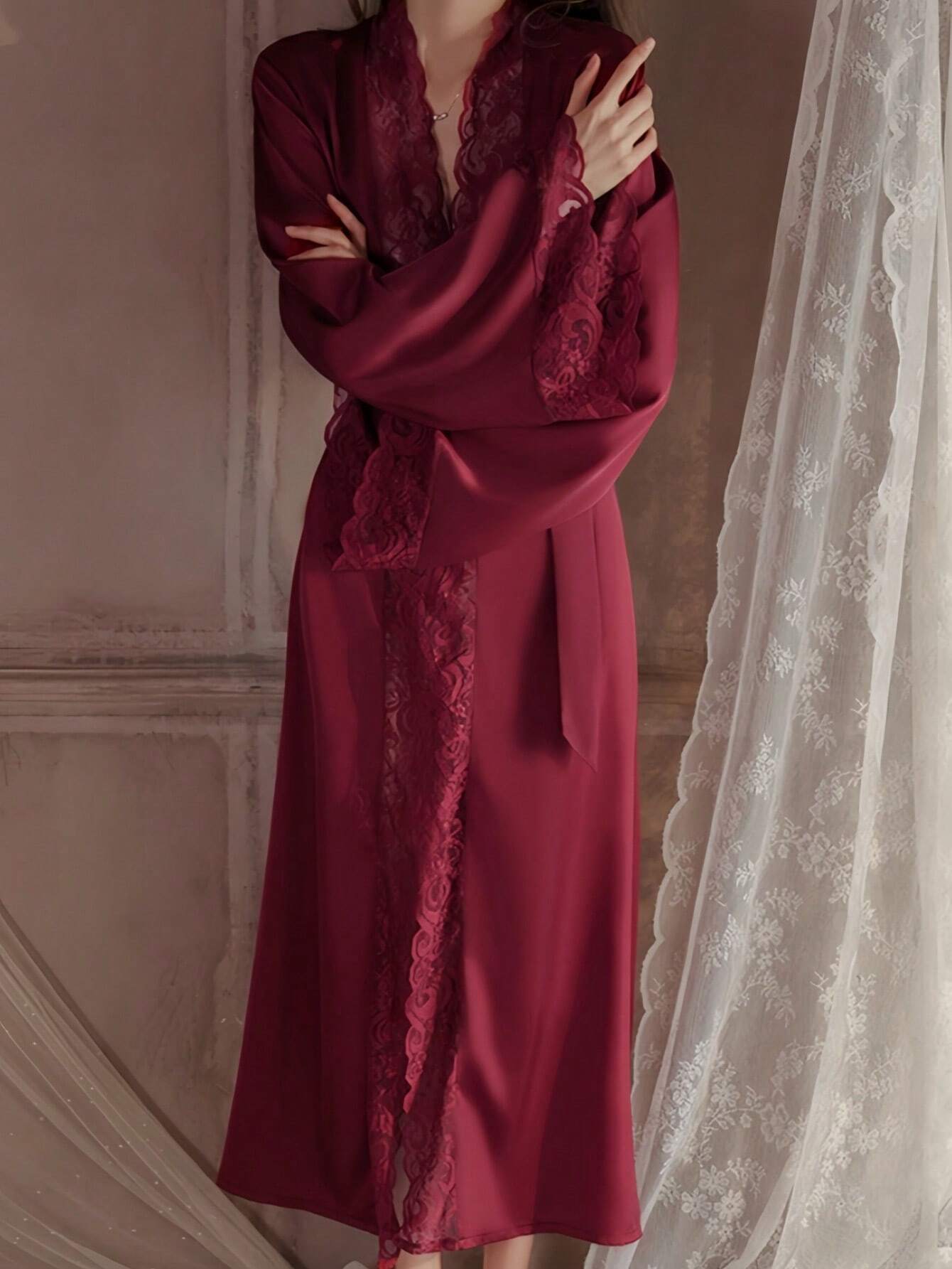  | SHEIN QING ROU Women's Elegant Satin Robe, Soft Lace Trim, Bell Sleeves, With Belt, Smooth And Comfortable, Suitable For Home Use | Night Dress | Shein | OneHub