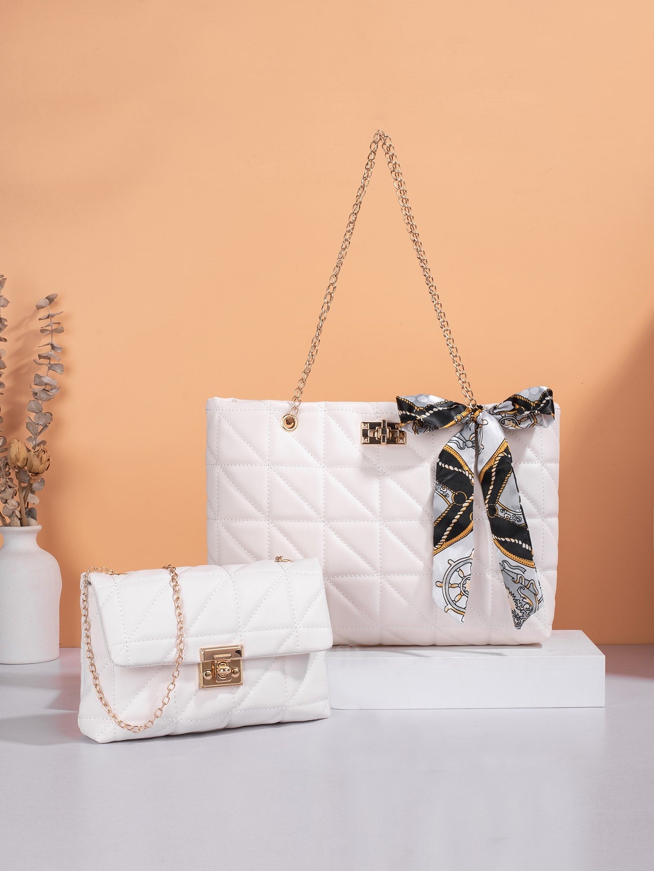  | SHEIN Quilted Twilly Scarf Decor Chain Shoulder Tote Bag With Square Bag | Bags | Shein | OneHub