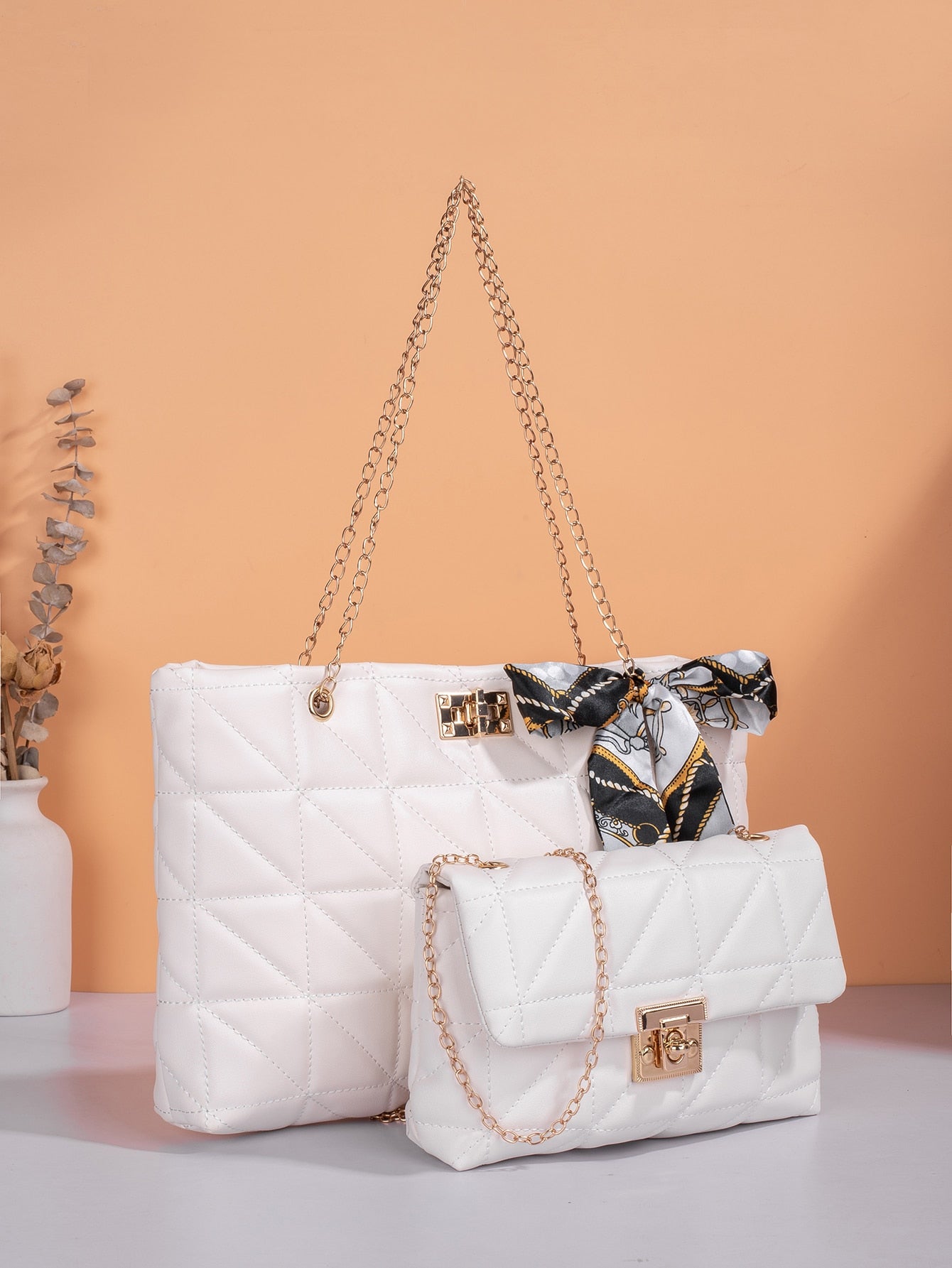  | SHEIN Quilted Twilly Scarf Decor Chain Shoulder Tote Bag With Square Bag | Bags | Shein | OneHub
